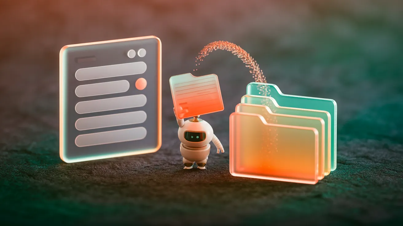 Kleiner Glas-Roboter mit korallrotem Akzentlicht überträgt eine leuchtende Dokumentendatei zwischen einem matten Mail-Tablet links und einem Stapel translucenter Ordner rechts — Metapher für Gemini, das Gmail und Google Drive verbindet