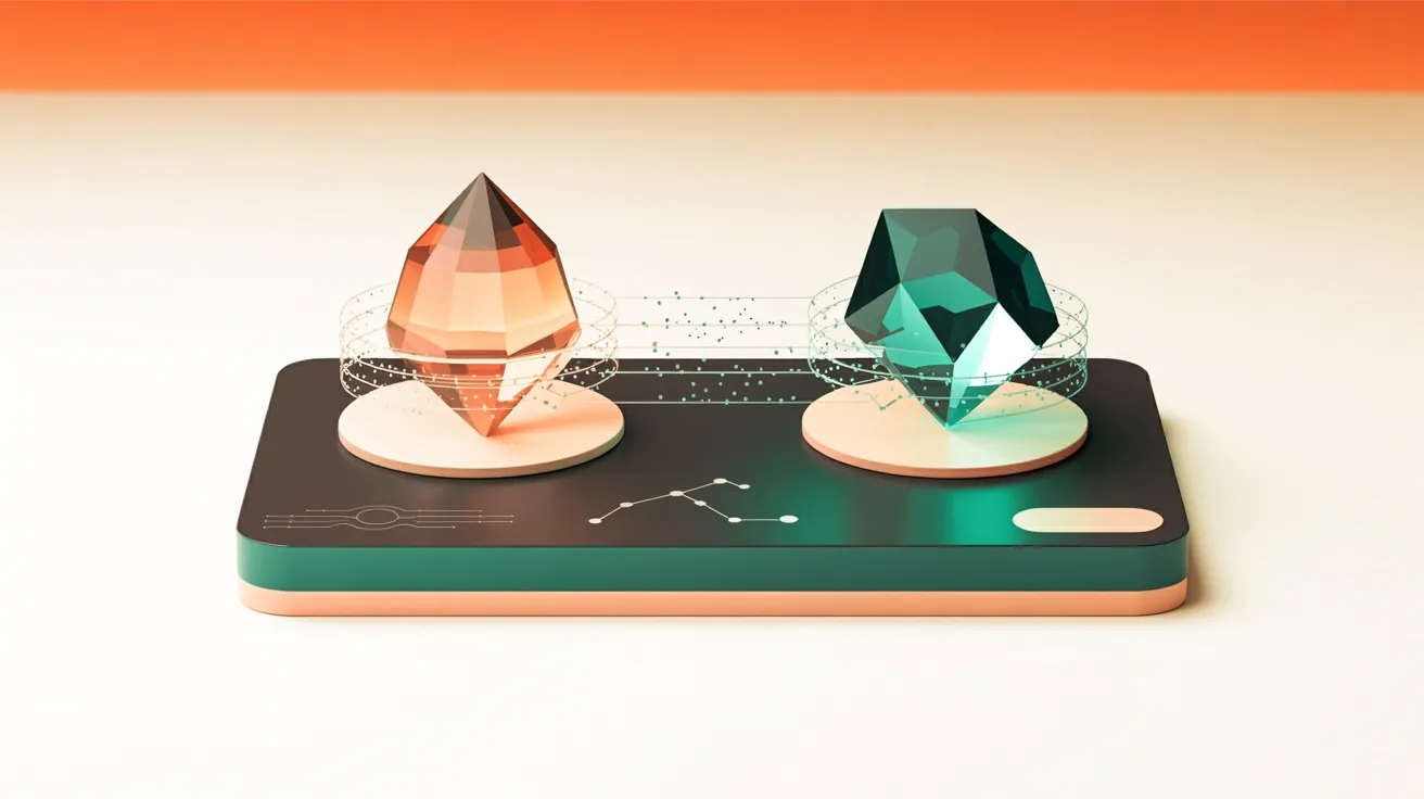 Dois cristais gêmeos luminosos em verde-azulado e coral, conectados por linhas de dados brilhantes sobre fundo escuro — metáfora para a plataforma multimodal de AI Gemini do Google