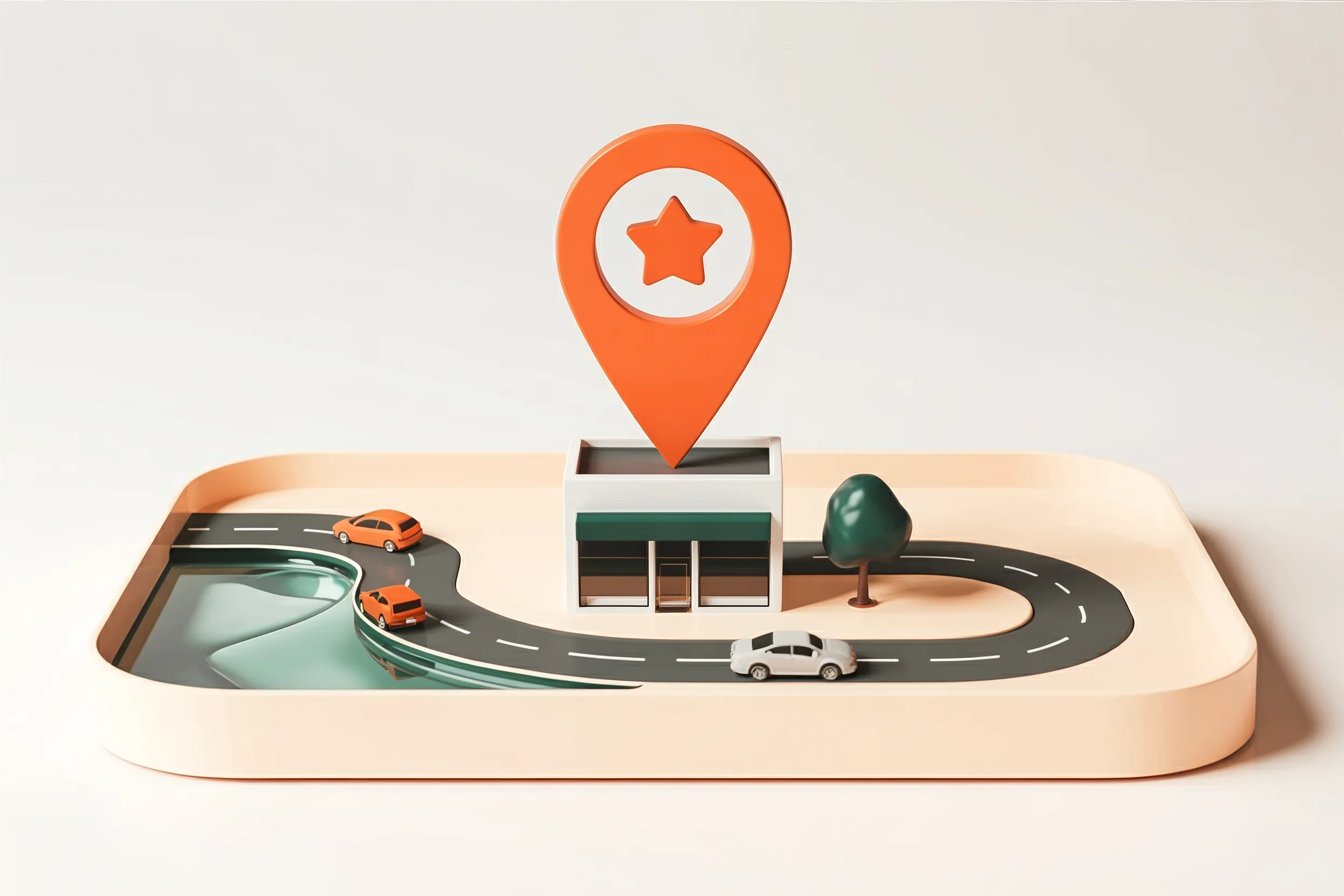 Mapa miniatura 3D de cidade em bandeja bege: rua cinza sinuosa com carrinhos de brinquedo, um rio de vidro e uma árvore ao lado de uma pequena loja — acima paira um pin laranja do Google Maps com estrela no centro. Símbolo de uma PME local visível no mapa do seu bairro