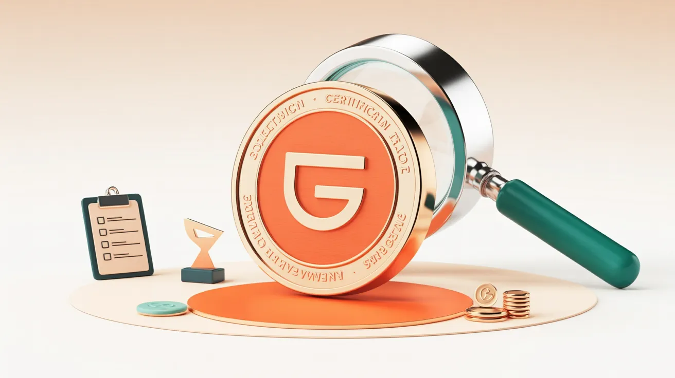 Cena 3D em miniatura com uma medalha de premiação polida, uma pequena lupa de cabo turquesa, uma prancheta, um troféu e uma pilha de moedas sobre fundo de estúdio em tom creme.