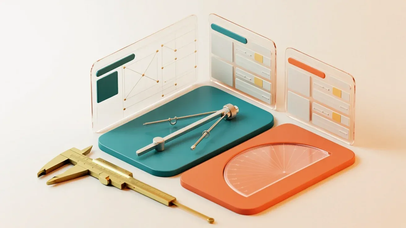 Präzisionswerkzeuge — Messschieber und Zirkel auf Teal- und Coral-Flächen mit transparenten Wireframe-Overlays als Metapher für Headless CMS