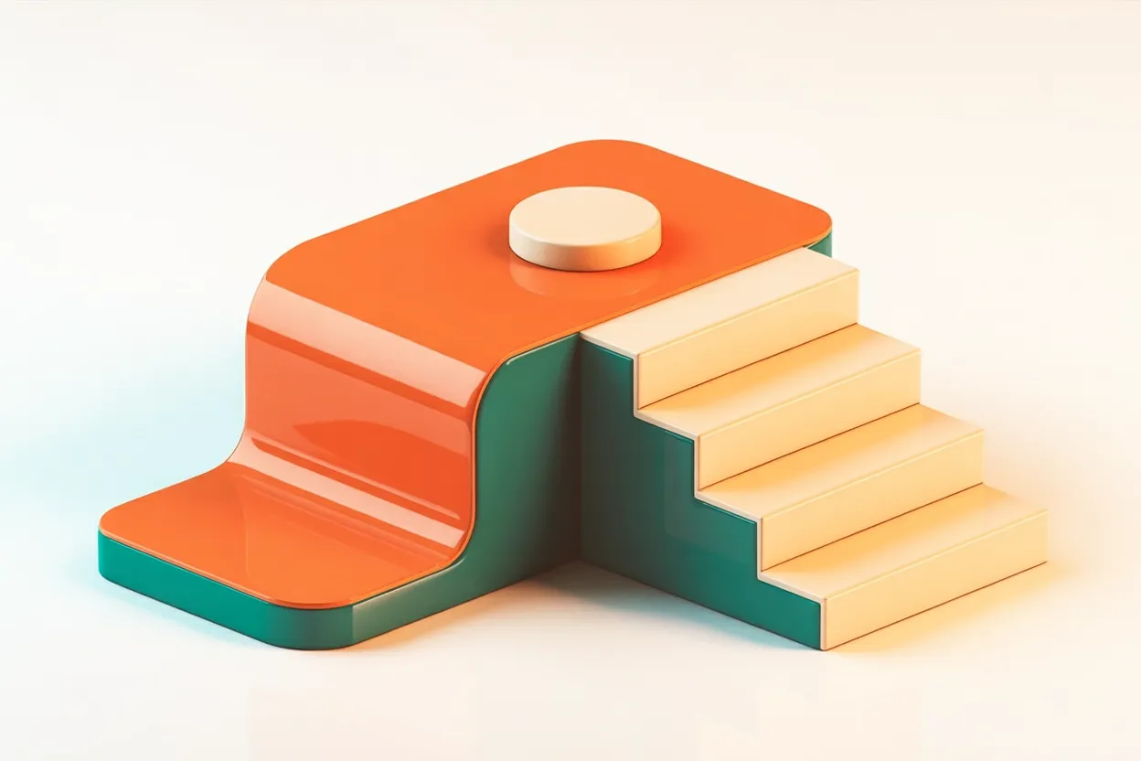 3D render of a building plan with walls and rooms, overlaid with coral-colored HTML tags — a symbol for HTML as the load-bearing structure of a website