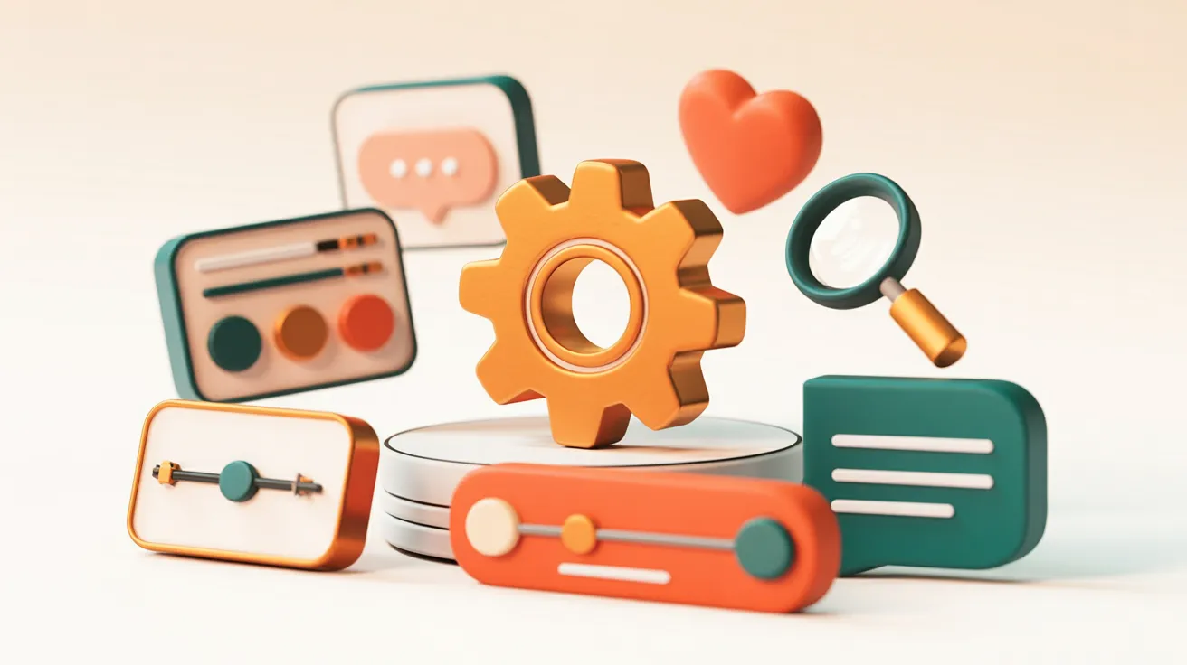3D render of a collection of typical web icons in cream and coral — gear, heart, magnifying glass, chat bubble, sliders — as a symbol for a consistent icon system