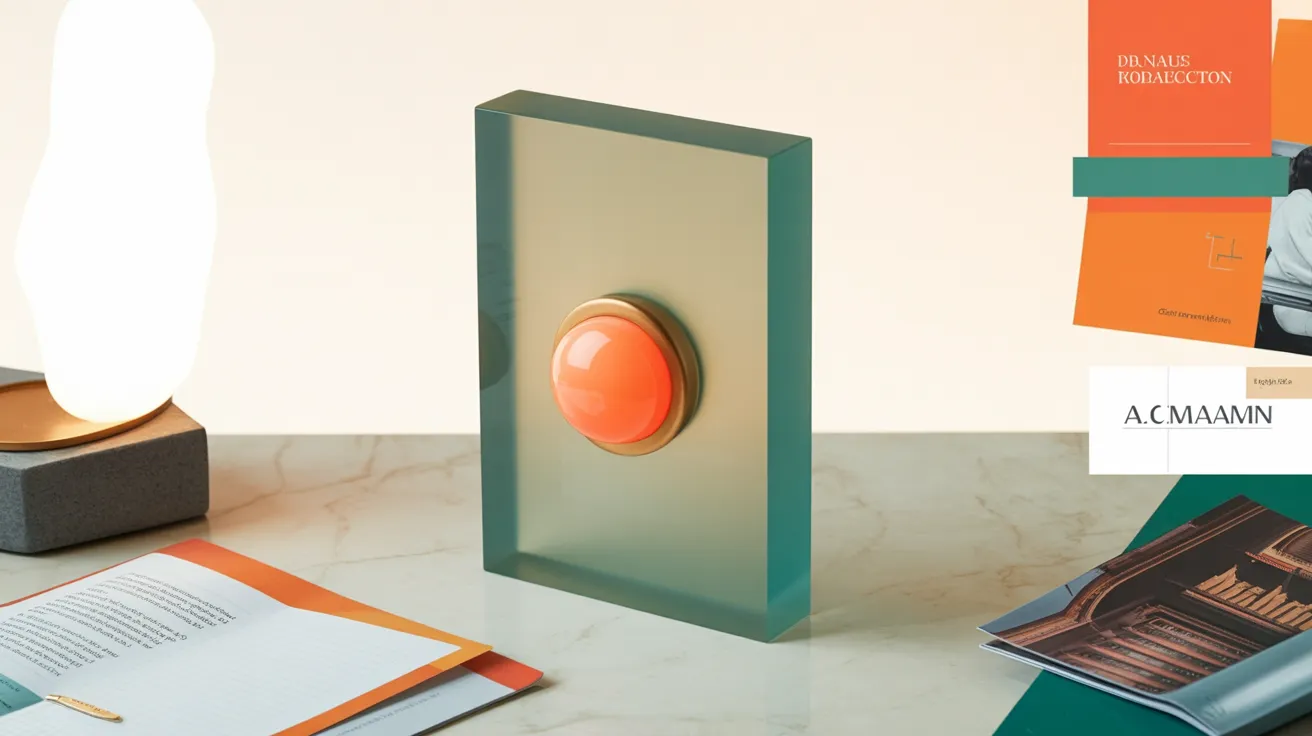 Abstraktes Konzept einer Landingpage: Glasartige Rechteckform mit einem leuchtenden Coral-CTA-Button auf cremefarbenem Hintergrund, klare visuelle Hierarchie, warme Peach- und Teal-Akzente