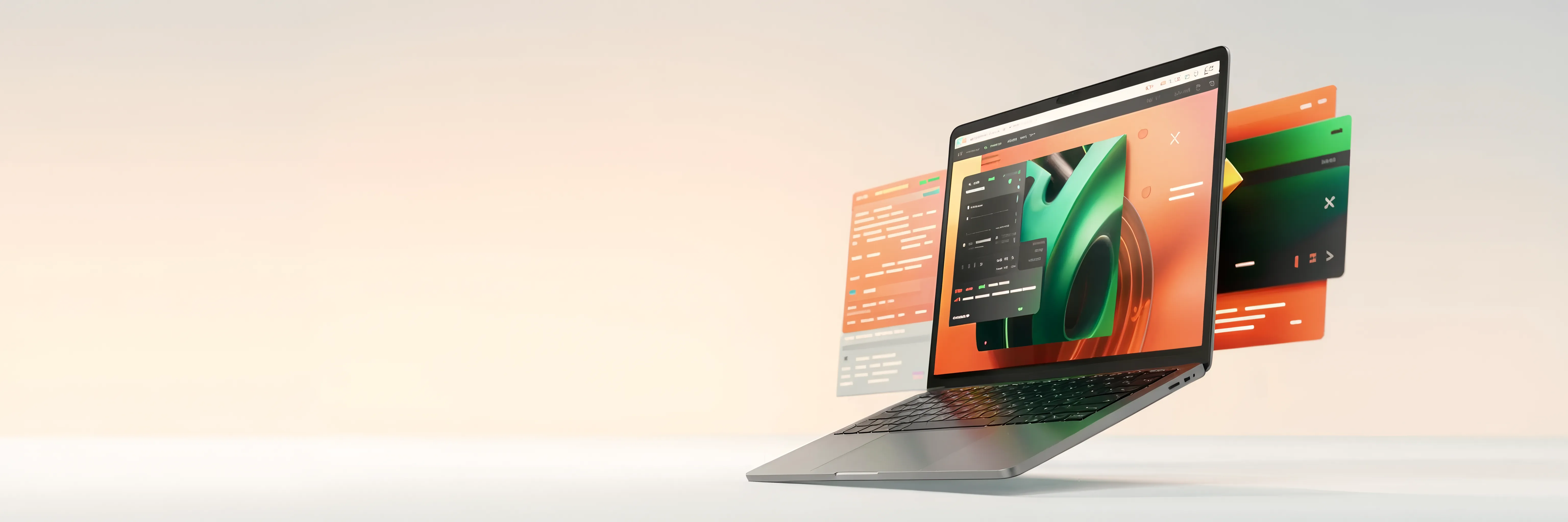 Open laptop showing a website, surrounded by floating interface panels and code windows
