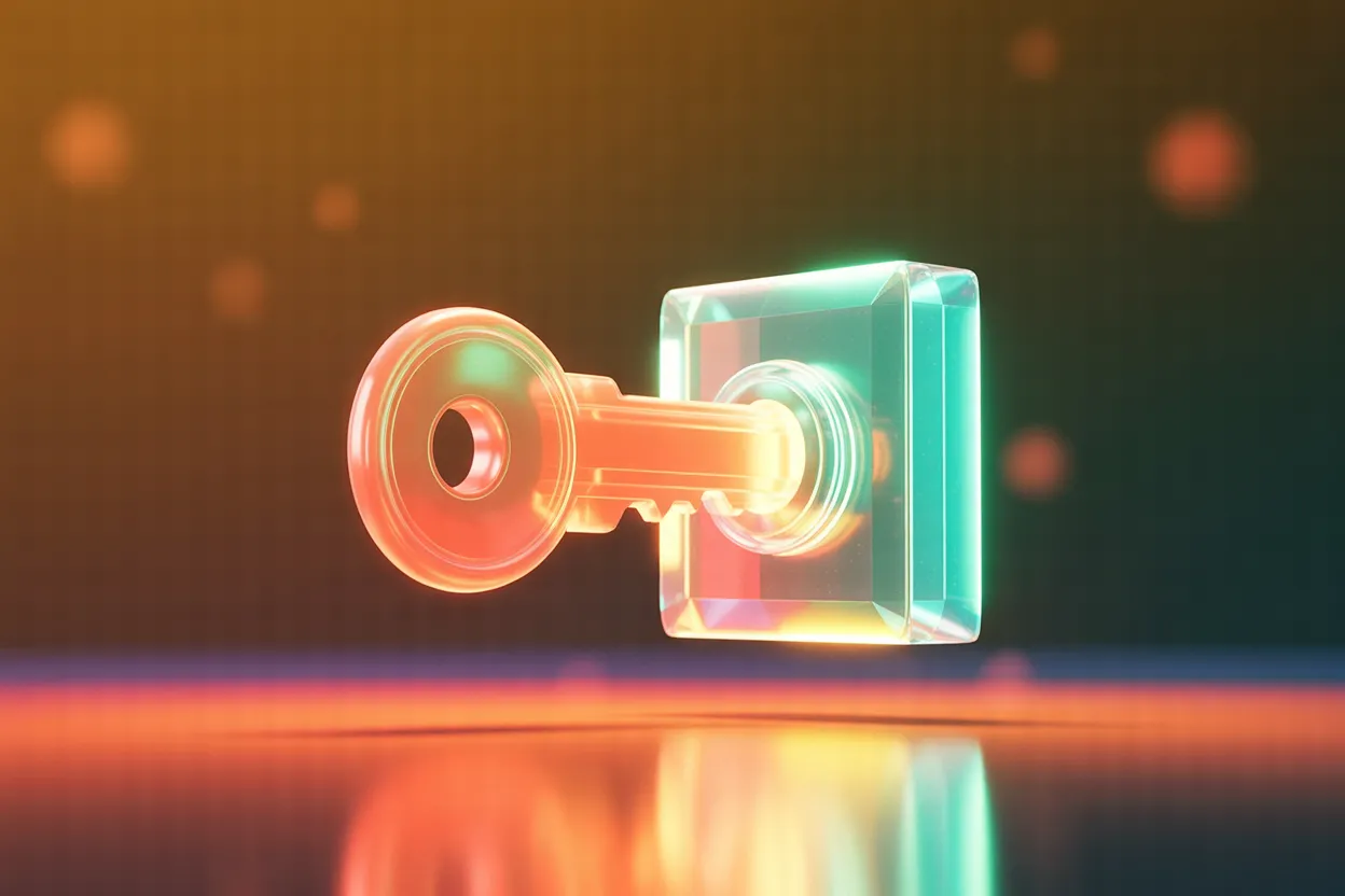 Ein leuchtender korallroter Schlüssel gleitet in einen transluzenten, teal-farbenen Kern, der aufleuchtet — auf dunklem Hintergrund mit Korall- und Teal-Akzenten. Metapher: der richtige Input schaltet markengerechten KI-Output frei