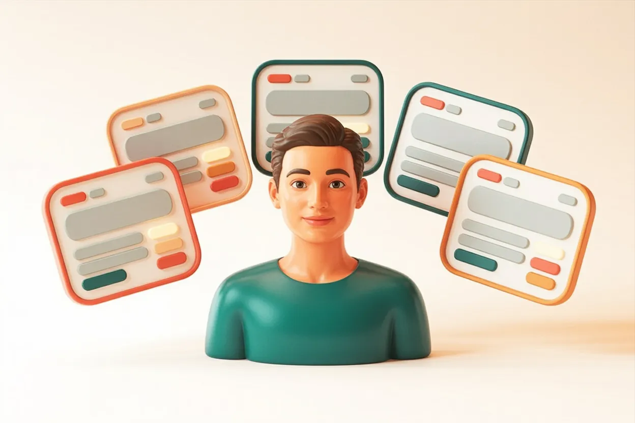 3D-Render einer freundlichen Nutzer-Figur im Zentrum, umgeben von fünf schwebenden Interface-Bildschirmen in Koralle, Petrol und Bernstein — Sinnbild für nutzerzentriertes Design, das sich um den Menschen anordnet