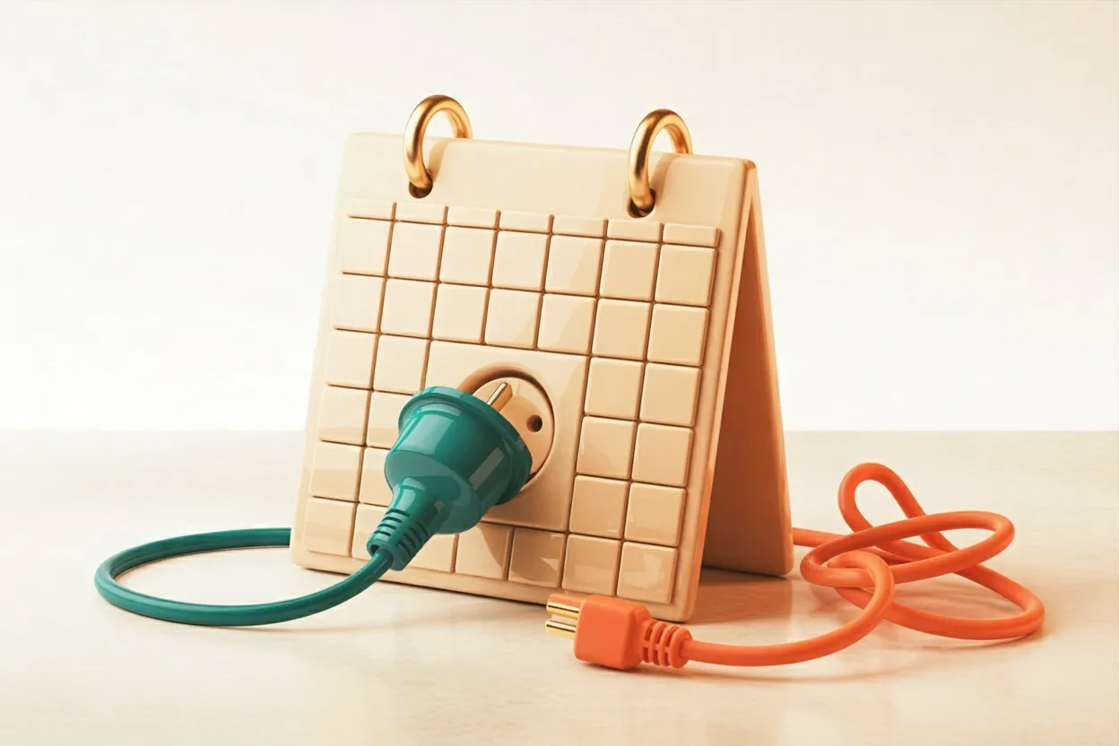 Cream-colored desk calendar with a wall socket in the date grid, a teal plug inserted in it, next to a knotted orange-red cord with a loose plug – a symbol for booking directly in the calendar instead of email ping-pong
