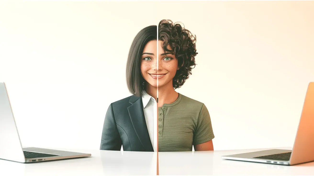 Two portrait avatars side by side on a cream background: left shows the same person as a polished business professional with straight hair and a dark blazer, right as a creative with curly hair and a casual shirt — a metaphor for deliberate personal branding