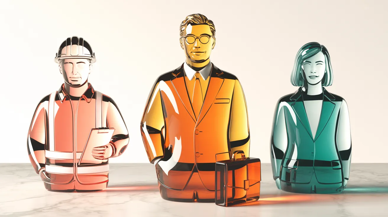 Três esculturas em vidro cristal transparente representando buyer personas distintas: um operário de construção com capacete em coral, um executivo de óculos com pasta em âmbar, uma mulher com cabelo curto e blazer em verde-azulado — sobre mármore creme