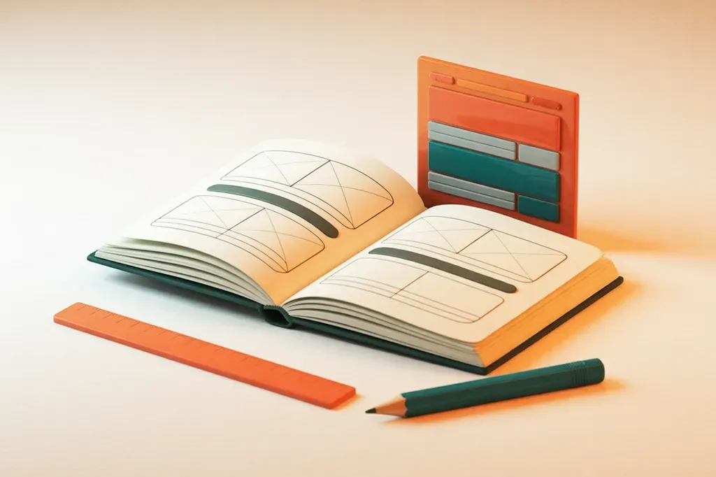An open plan book showing wireframe sketches of a website, the finished coral-and-teal layout standing behind it, ruler and pencil alongside — conception before design