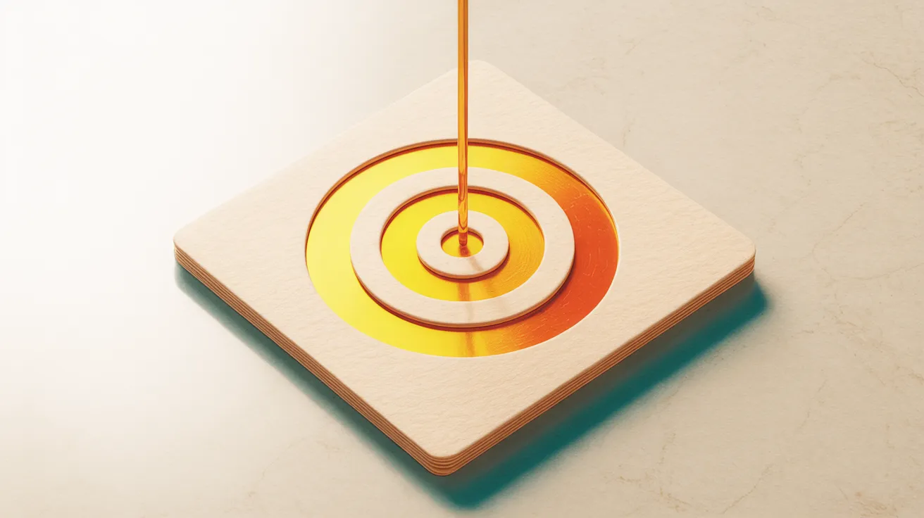 Drei konzentrische Goldringe auf einer cremefarbenen Karte als Metapher für Simon Sineks Golden Circle: das Warum, das Wie und das Was