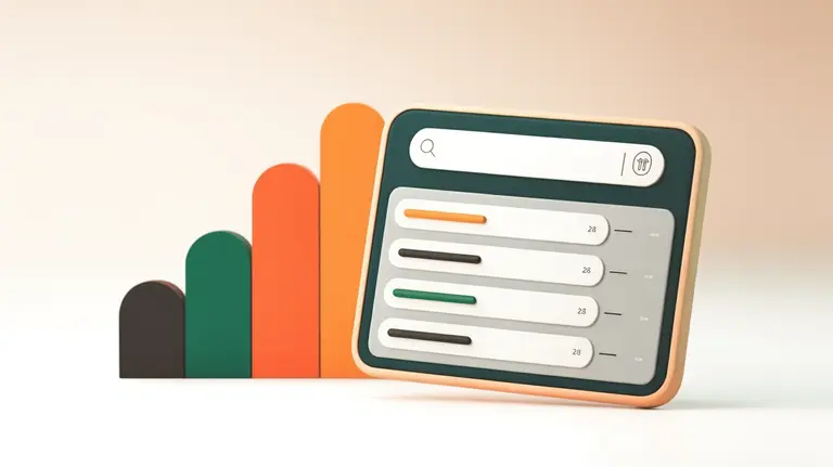 Composição 3D editorial: card flutuante de resultado de busca com barra de pesquisa e barras de ranking ascendentes simbolizando a busca clássica no Google