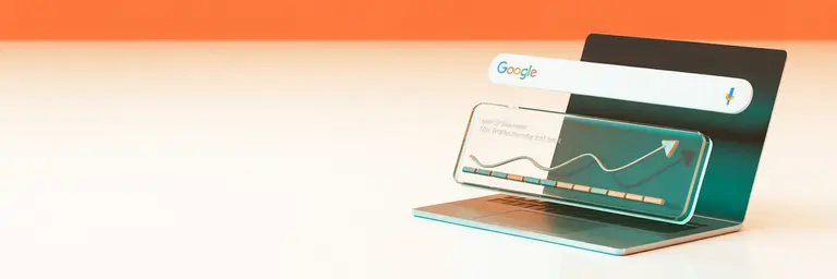 Editorial 3D composition: floating search-result card with a search bar and rising ranking bars, symbolising classic Google search