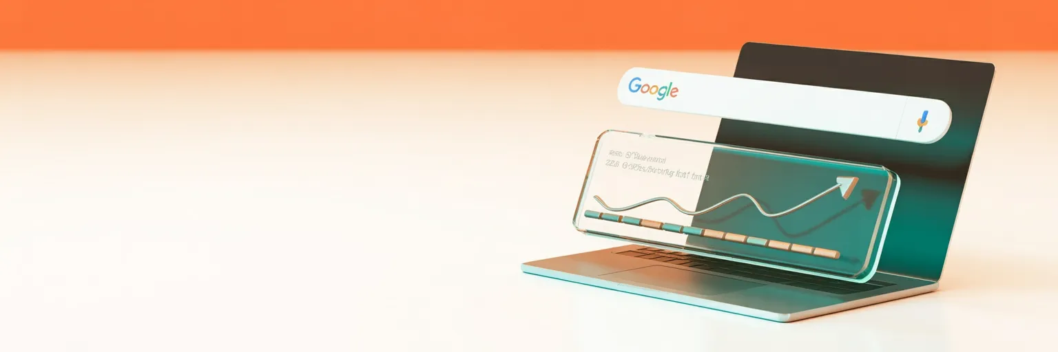 Notebook aberto com uma barra de busca do Google flutuante e uma curva ascendente na tela