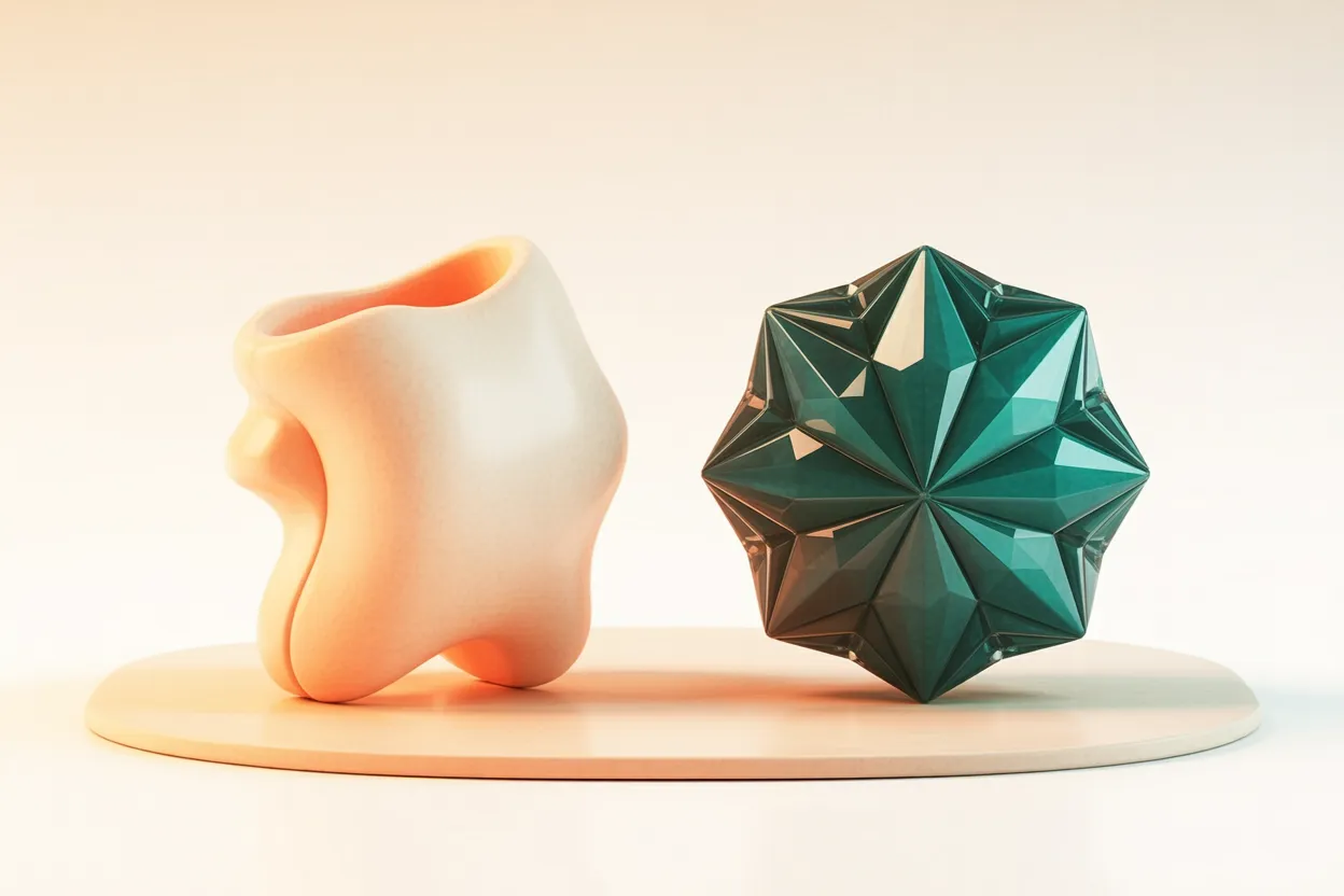 Abstrakte 3D-Illustration zum Thema UX vs. UI Design: zwei unterschiedliche Formen — eine funktional-glatt, eine rein dekorativ — stehen für die Unterschied zwischen User Experience und Interface Design