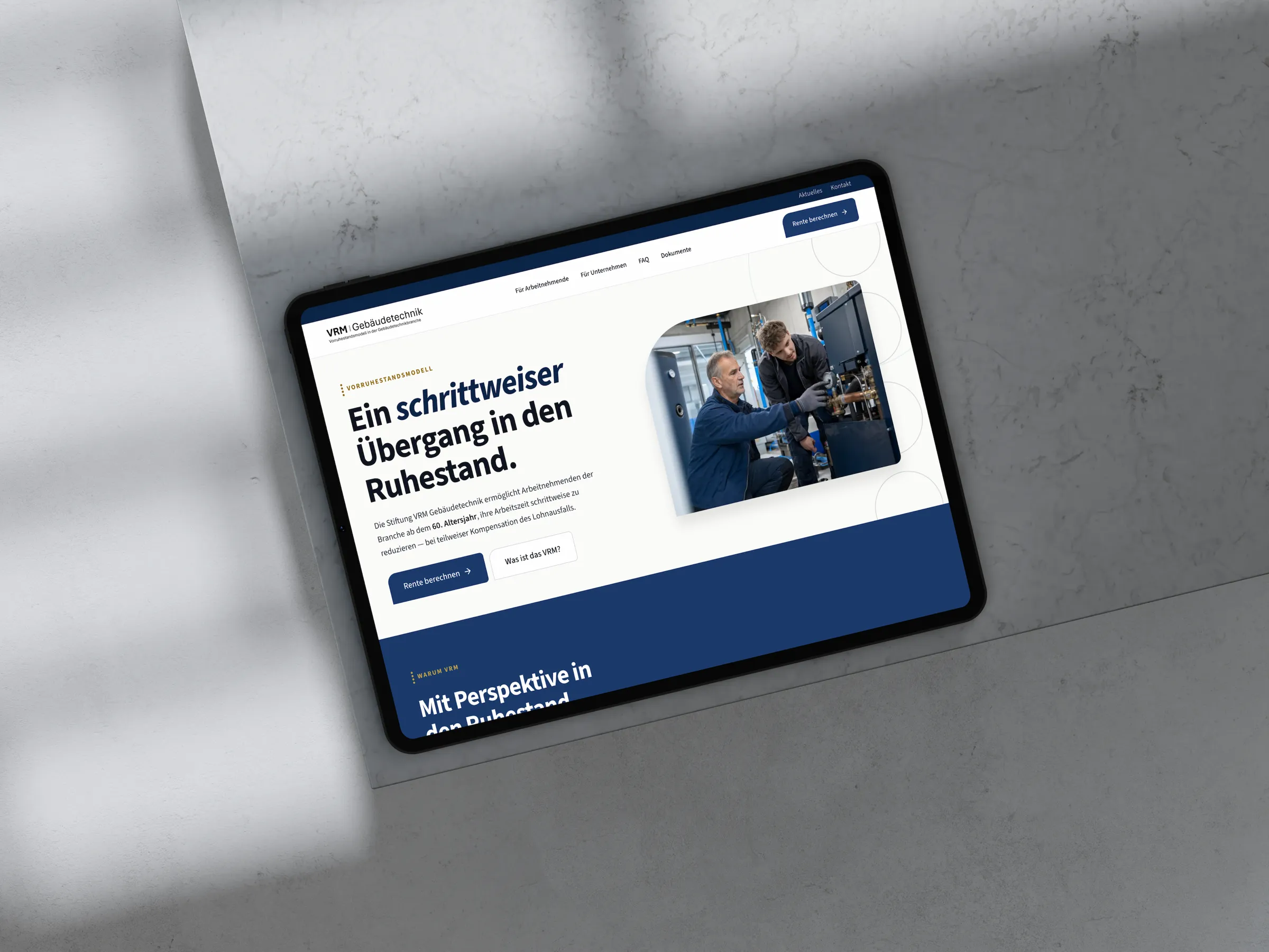 Página inicial do novo site da VRM Gebäudetechnik no desktop
