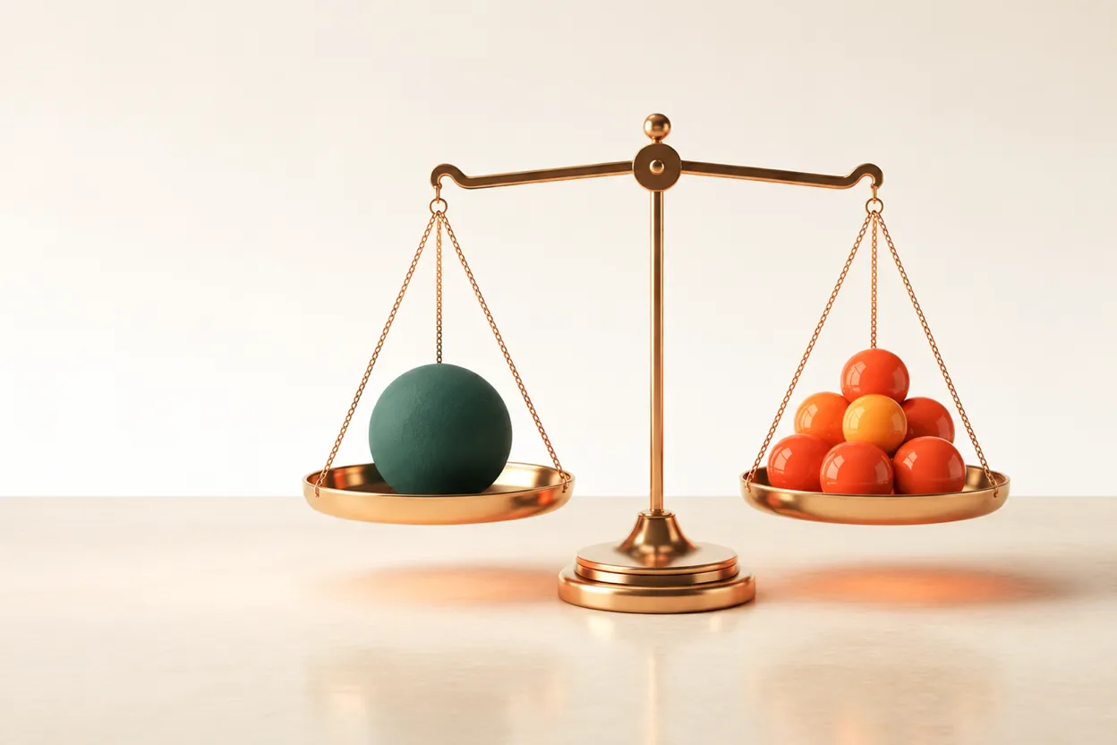 Symbolbild zu den Kosten einer Website: Eine kupferne Waage wägt eine grosse grüne Kugel gegen mehrere kleine orange Kugeln auf einem hellen Tisch