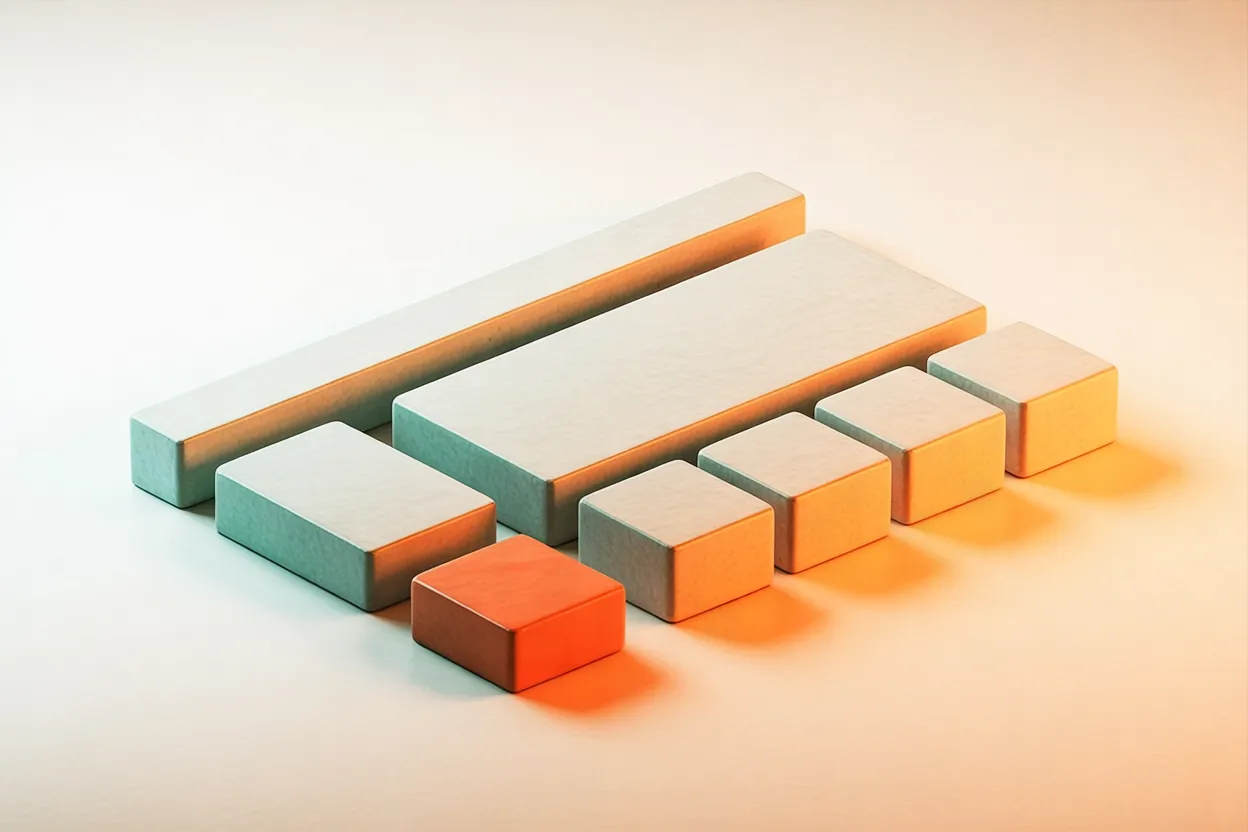 Render 3D de blocos brancos de gesso dispostos como o layout de uma página: uma barra estreita no topo, um bloco grande abaixo, blocos menores em fileira e um único bloco laranja-avermelhado como destaque – símbolo do wireframe como planta baixa de um site