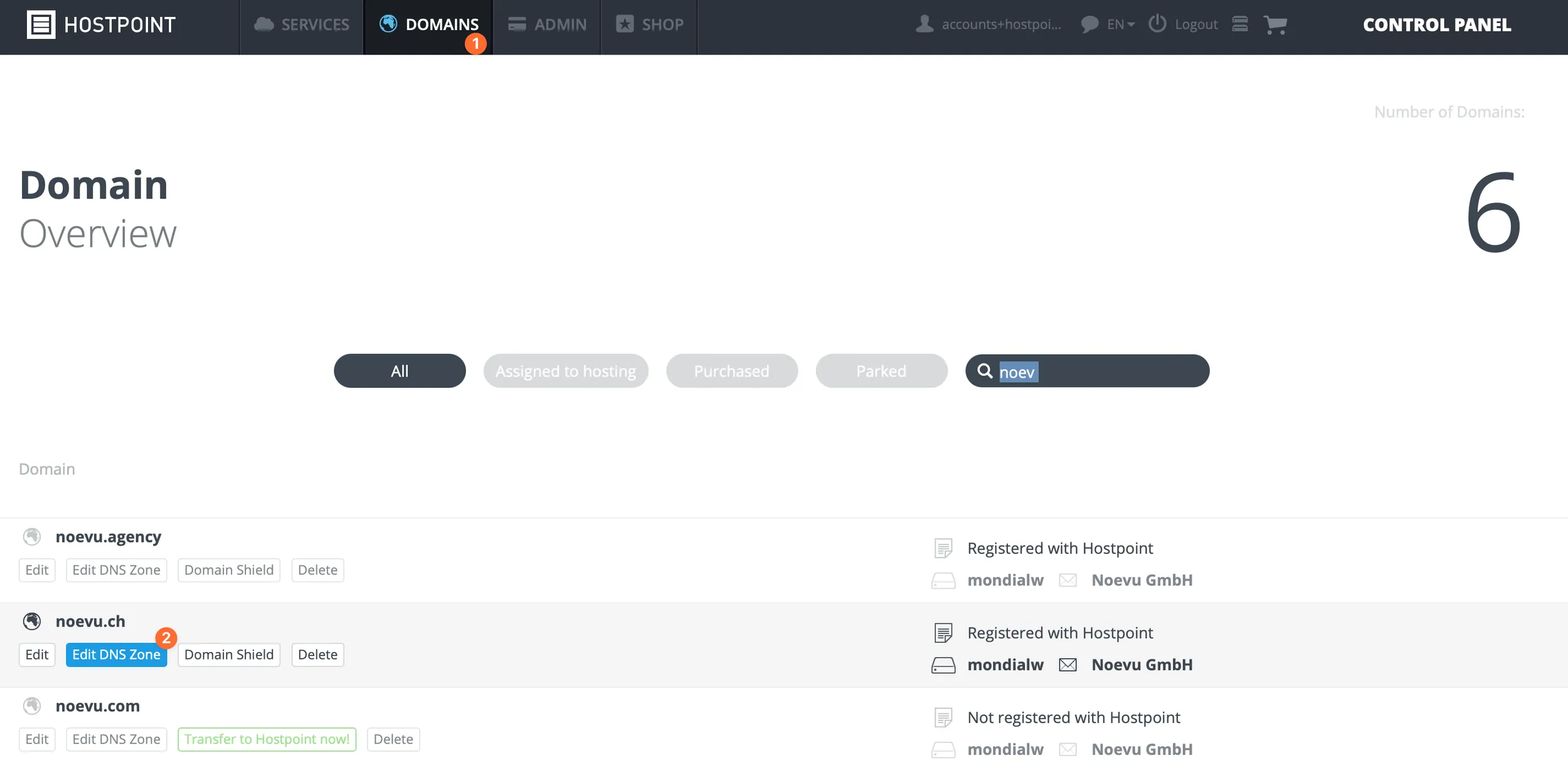 Painel de controle do Hostpoint – gerenciamento de domínio