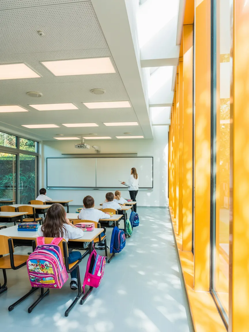 AI-generated image: Swiss classroom with LED panels, teacher at whiteboard — LED Lichtkompetenz