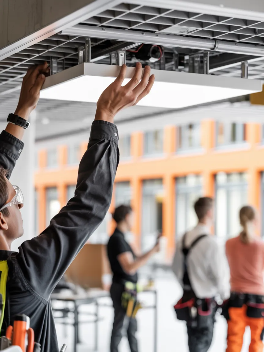 AI-generated image: electrician mounting LED panel to ceiling — LED Lichtkompetenz installation