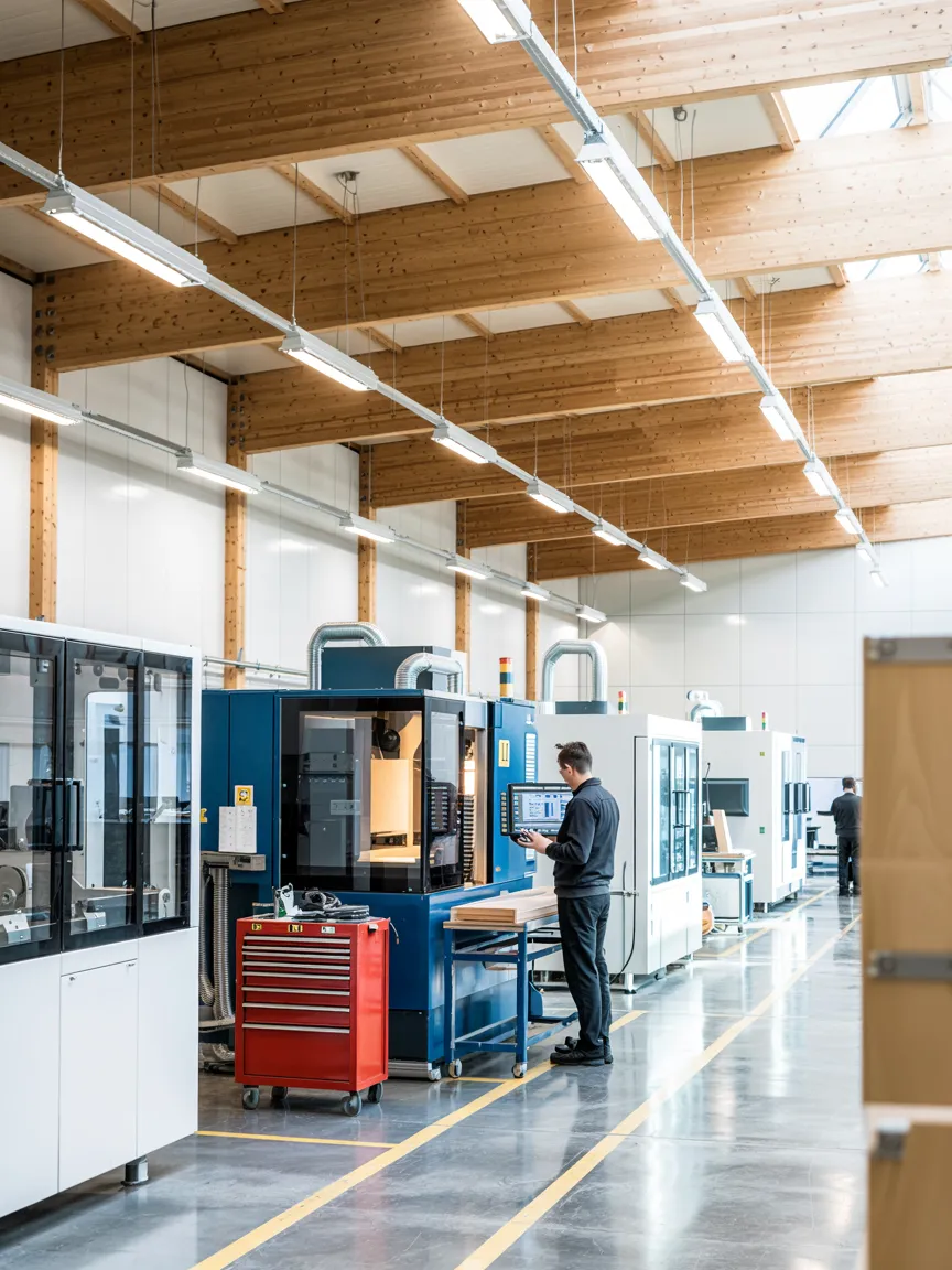 AI-generated image: Swiss production hall with LED ceiling panels and wooden roof — LED Lichtkompetenz