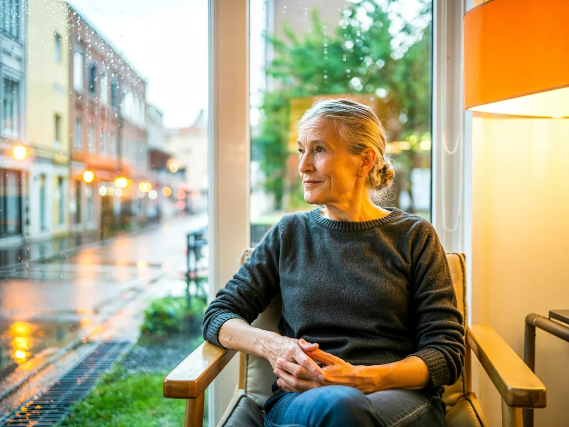 AI-generated lifestyle image: older woman at café window, thoughtful — Migros Ausgleichskasse