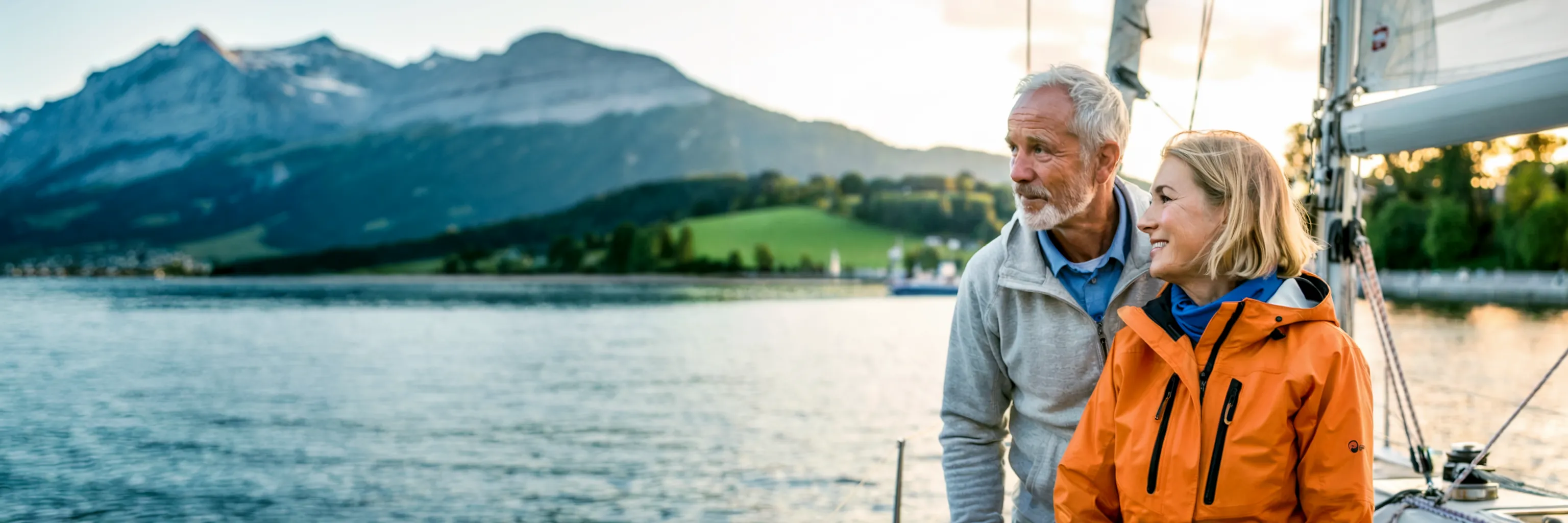 AI-generated lifestyle image: older couple on sailboat, Swiss mountain lake, orange jacket — Migros Ausgleichskasse