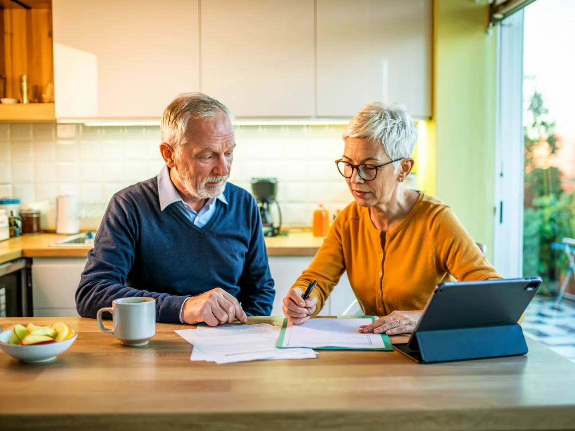 AI-generated lifestyle image: older couple in kitchen, woman in orange jumper reviewing documents on tablet — Migros Ausgleichskasse