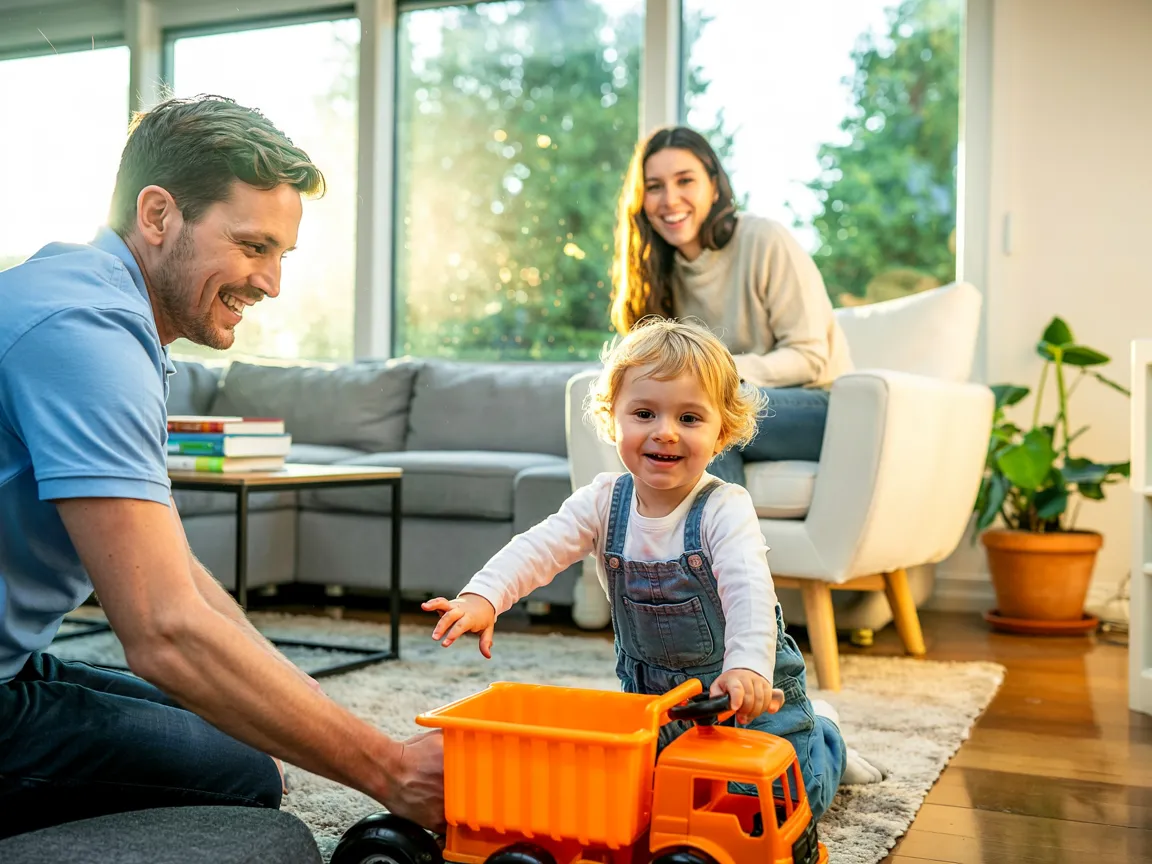 AI-generated lifestyle image: young family playing with toddler and orange toy — Migros Ausgleichskasse