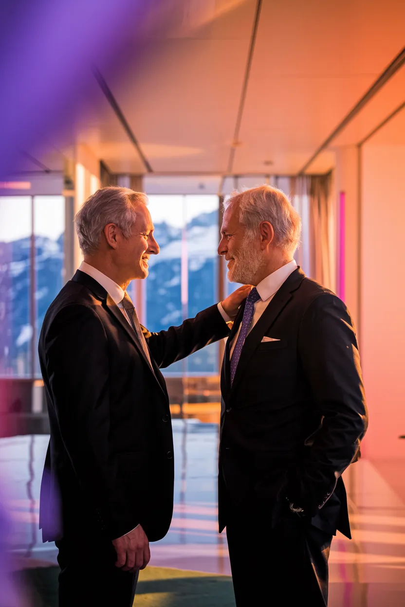 KI-generiertes Business-Bild: Zwei Rrevival Executives im Gespräch, Schweizer Alpen im Hintergrund, violettes Licht