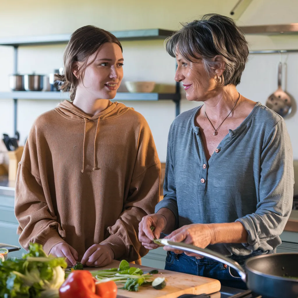 AI-generated image: young and older woman cooking together in the kitchen — Wohnperspektive generations