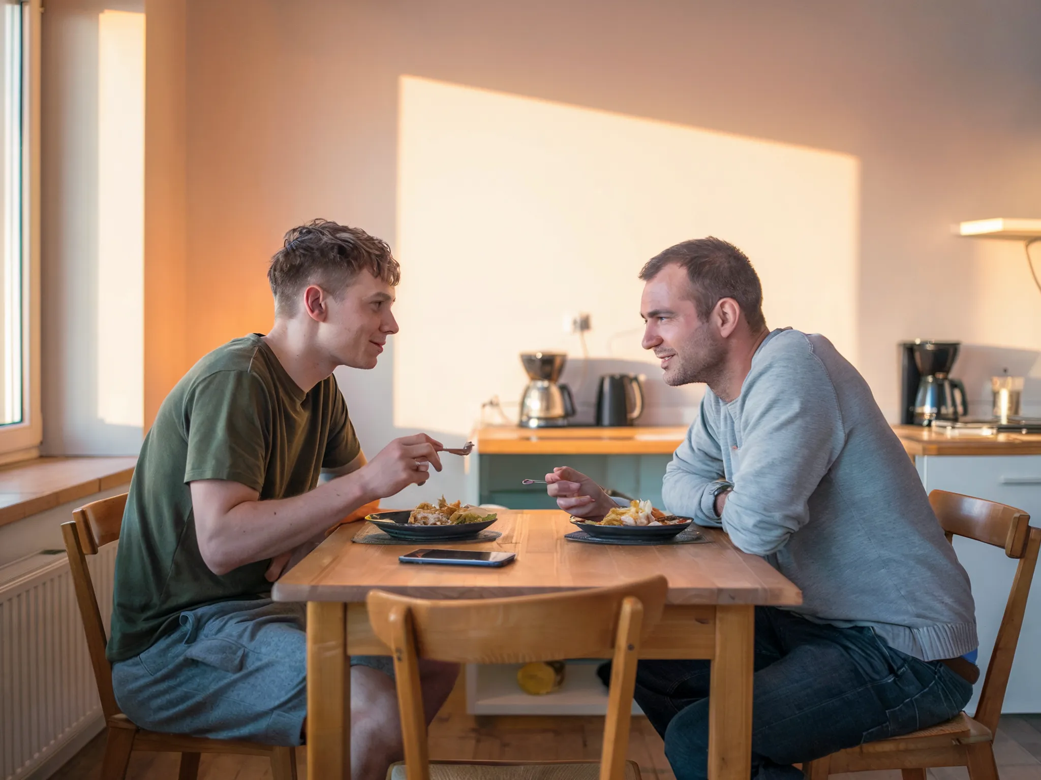 AI-generated image: two men having dinner at kitchen table, warm evening light — Wohnperspektive