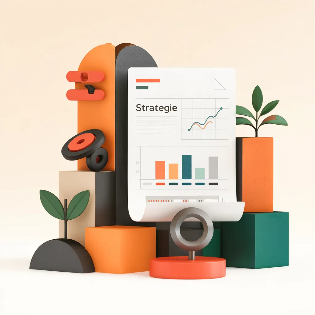 Sheet headed Strategy with charts and a magnifying glass among geometric shapes