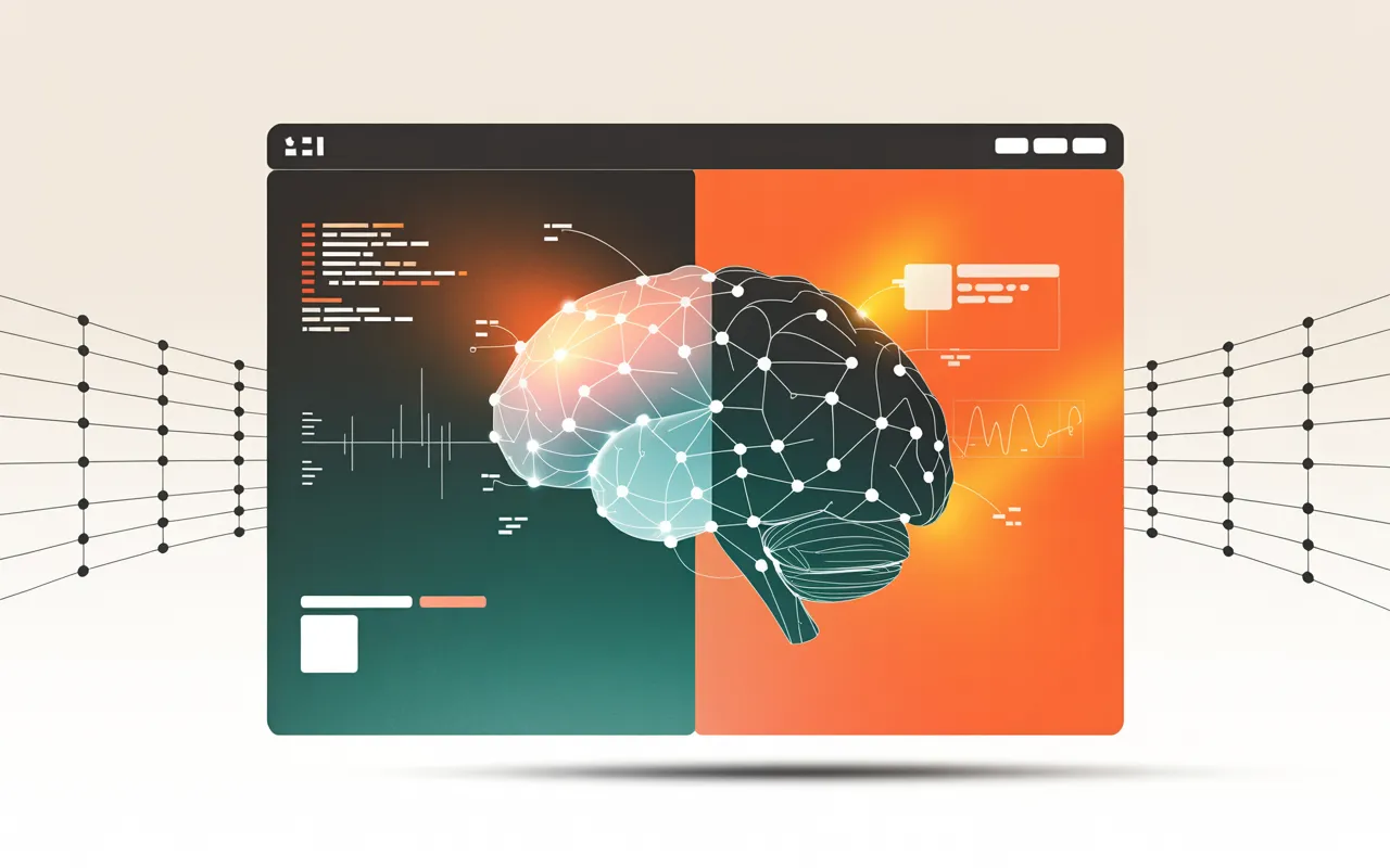 Browser window with a brain made of network nodes between code and interface