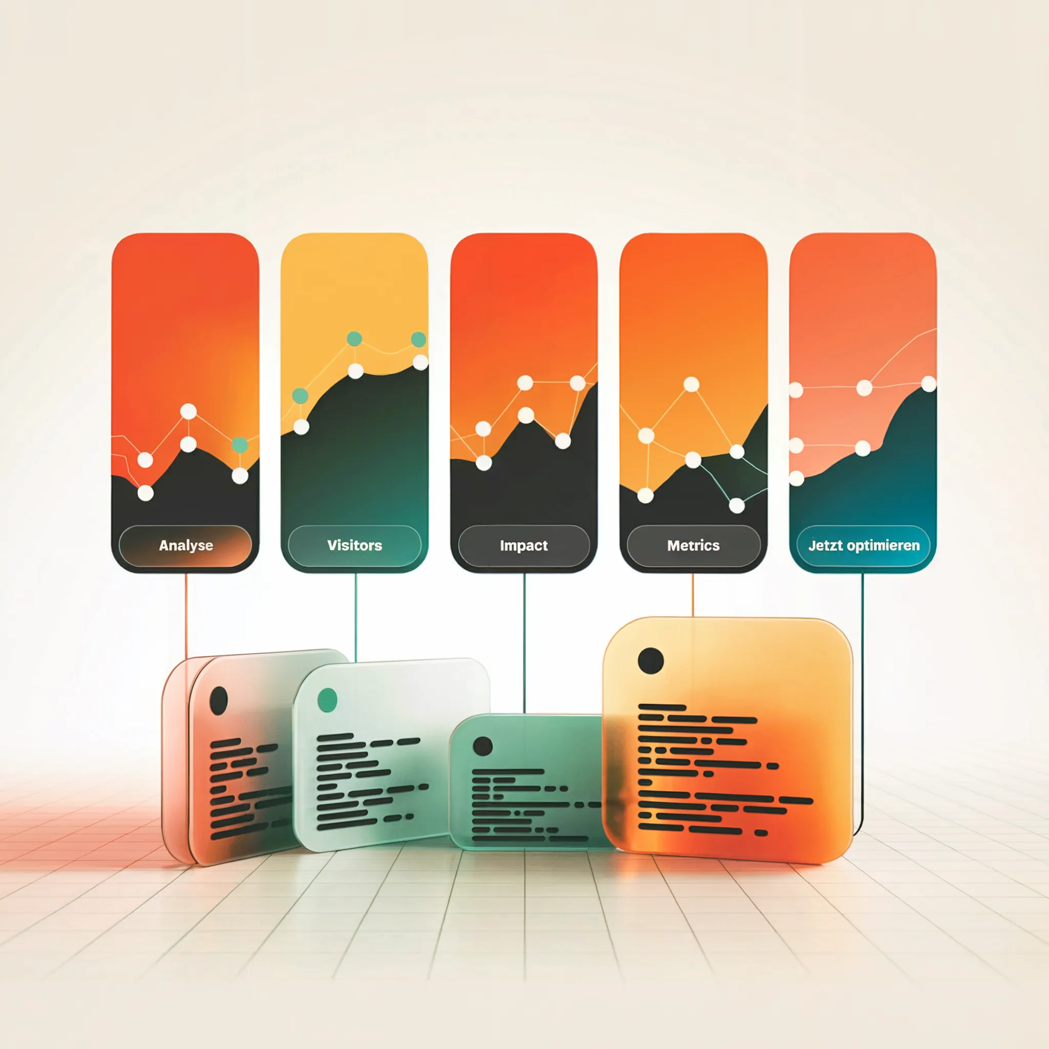 Five upright cards with line charts and figures that build up a result step by step