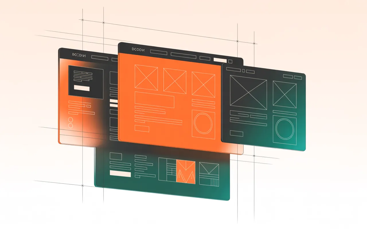 Overlapping website layout drafts with guide lines