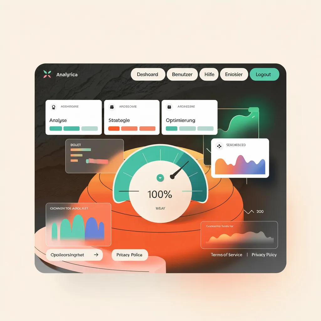 Dark analytics interface with a speedometer at 100% and small charts — the visible website