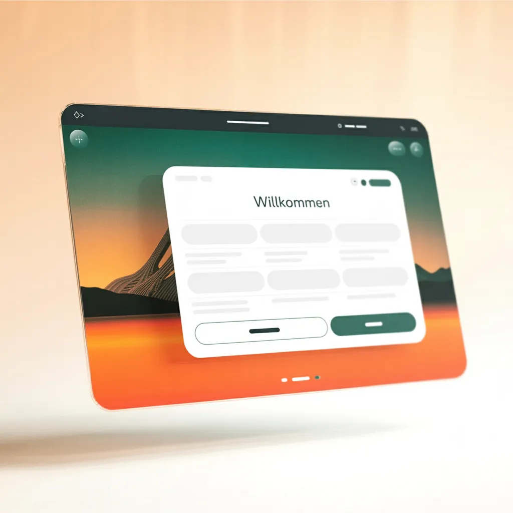 Tela de tablet flutuante com aplicação web e diálogo de boas-vindas sobre fundo laranja e verde — montagem do site