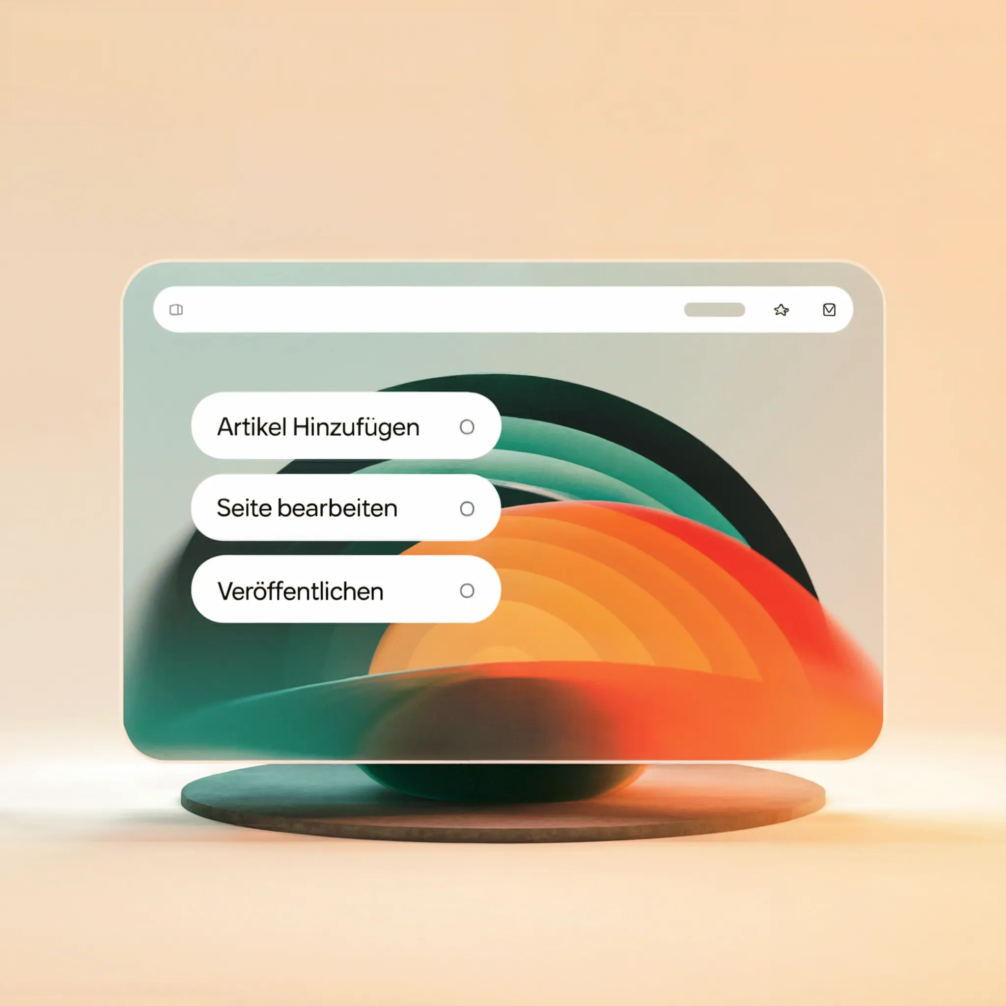 Durchscheinendes Browserfenster mit den Schaltflächen Artikel hinzufügen, Seite bearbeiten und Veröffentlichen