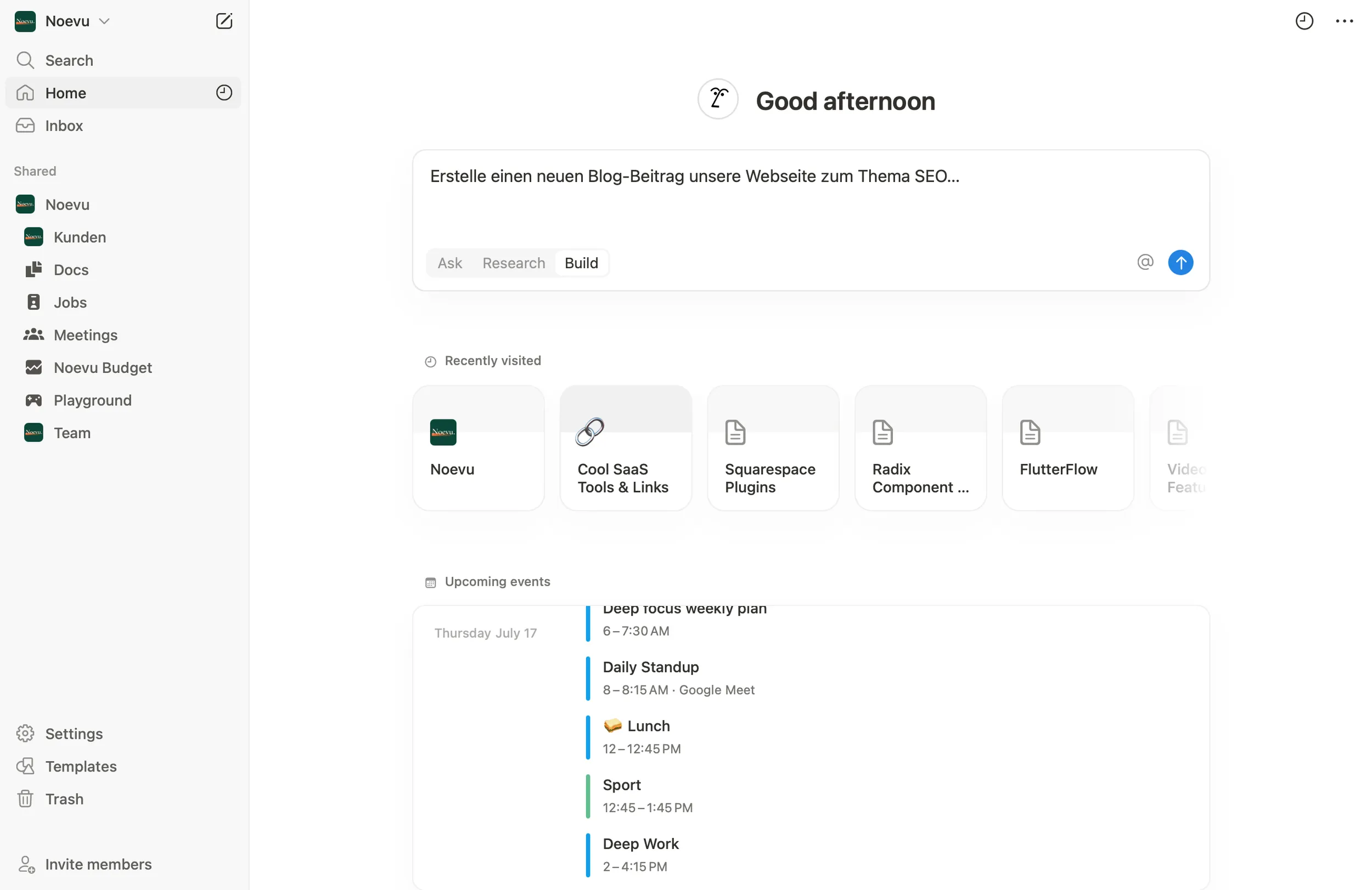 Notion Home-Screen mit schnellem Zugriff auf Notion AI und tägliche Arbeitsabläufe