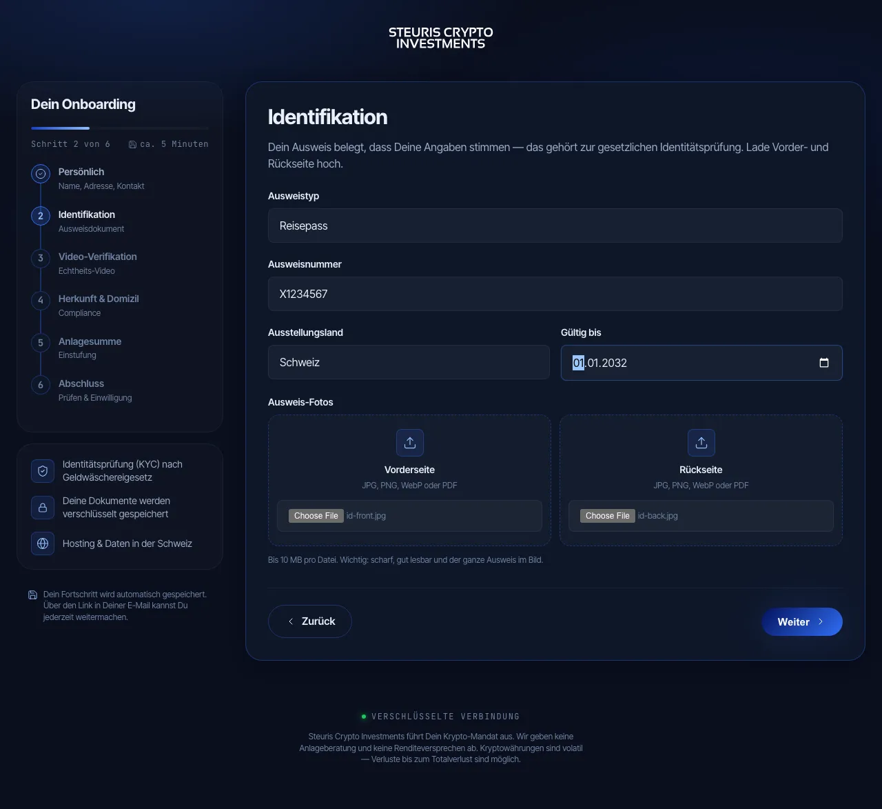 Second application step with ID details and upload of front and back of the document