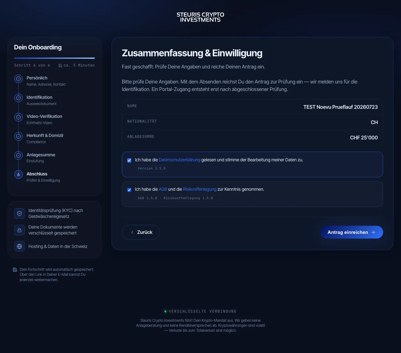 Final step with a summary and consent to privacy policy and risk disclosure including version numbers