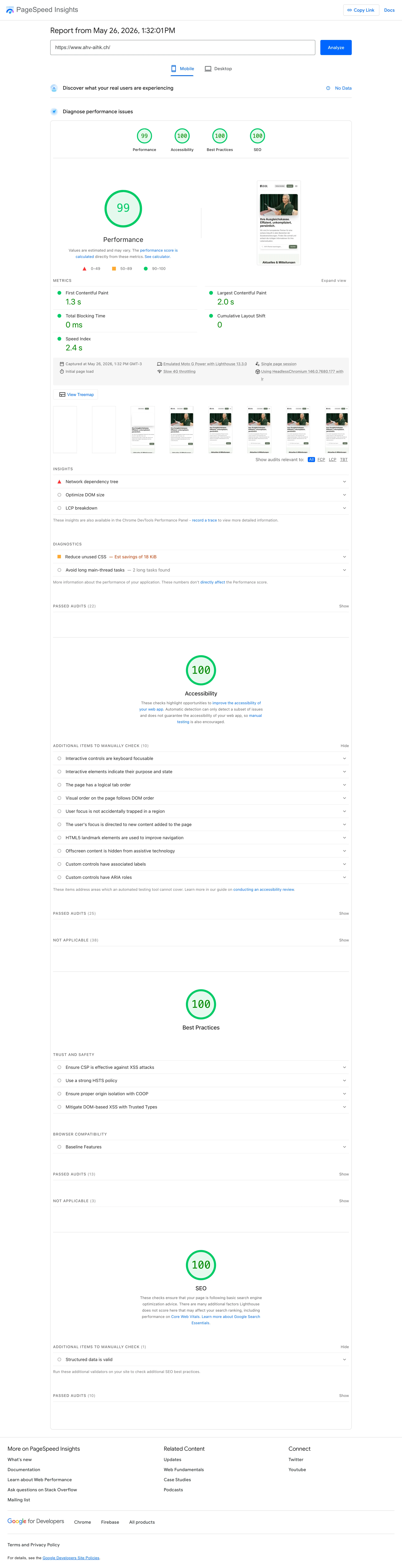 Relatório Google PageSpeed Insights para www.ahv-aihk.ch — Mobile: Performance 99, Acessibilidade 100, Best Practices 100, SEO 100