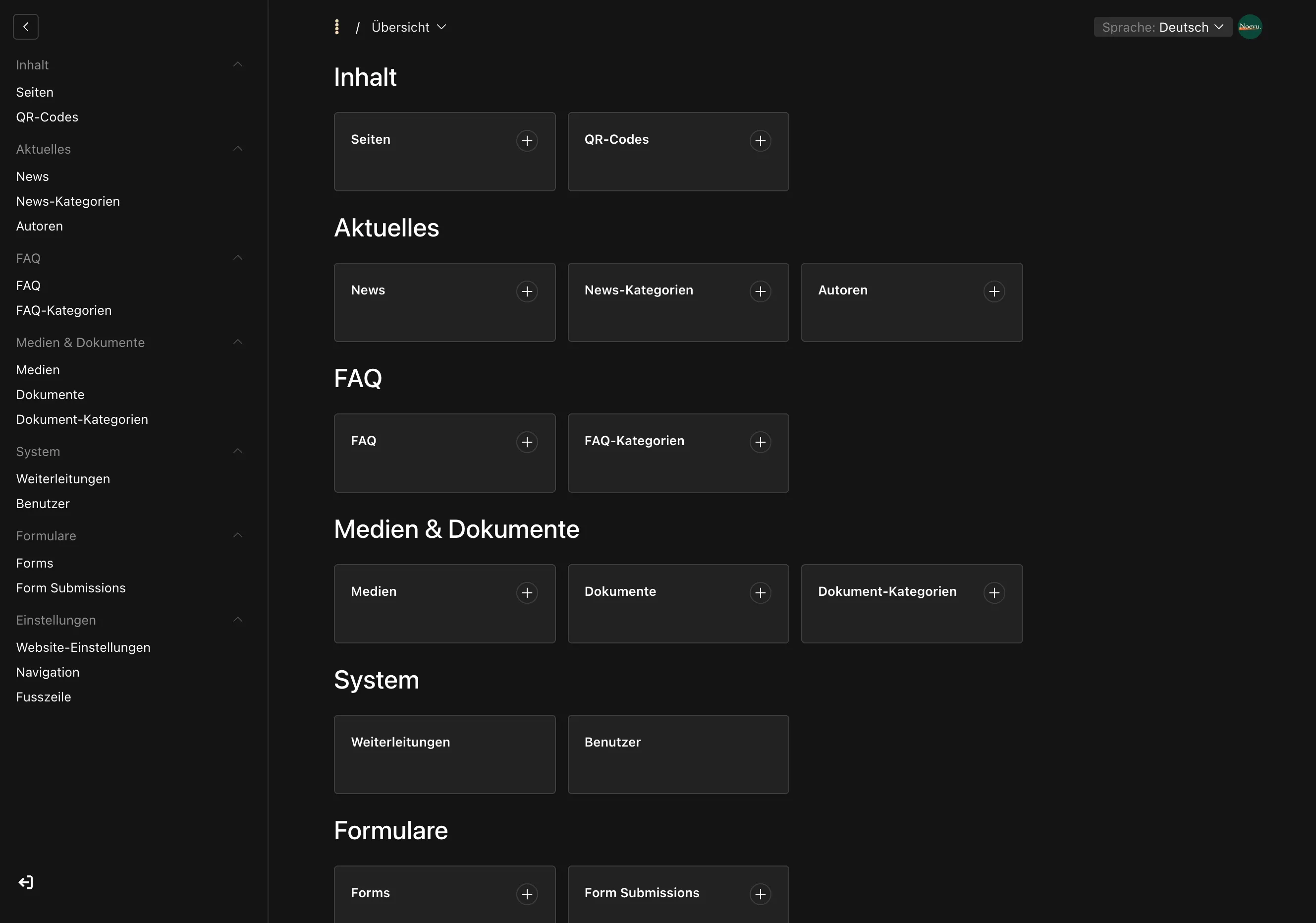 Captura de tela da interface administrativa do Payload com as áreas de conteúdo: páginas, notícias, FAQ, documentos e formulários