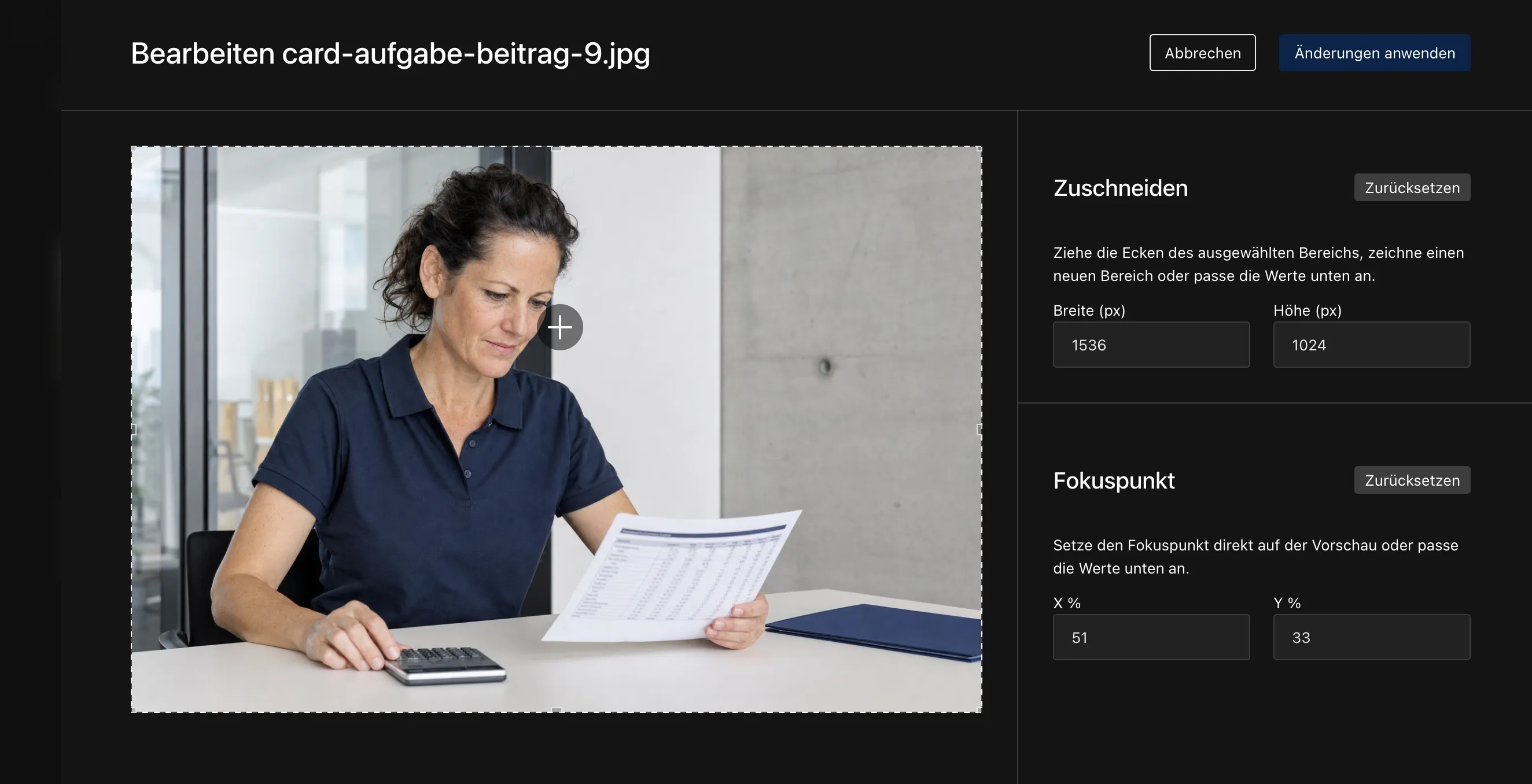 Captura de tela do editor de imagens do Payload com recorte e configuração de ponto focal