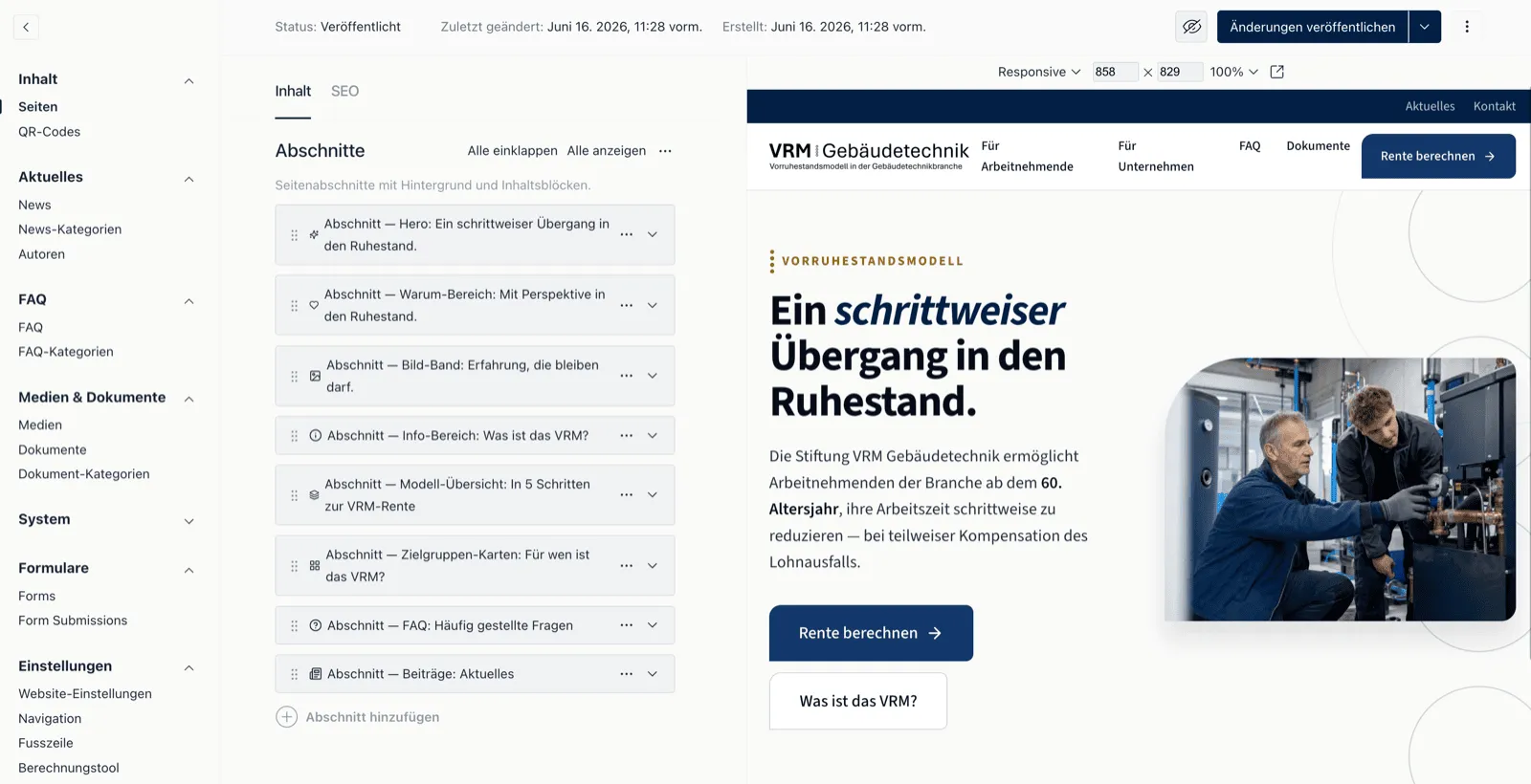 Payload-CMS-Bearbeitung der VRM-Website: links die beschrifteten Abschnitte Hero, Warum-Bereich und Info-Bereich, rechts die Live-Vorschau der Seite