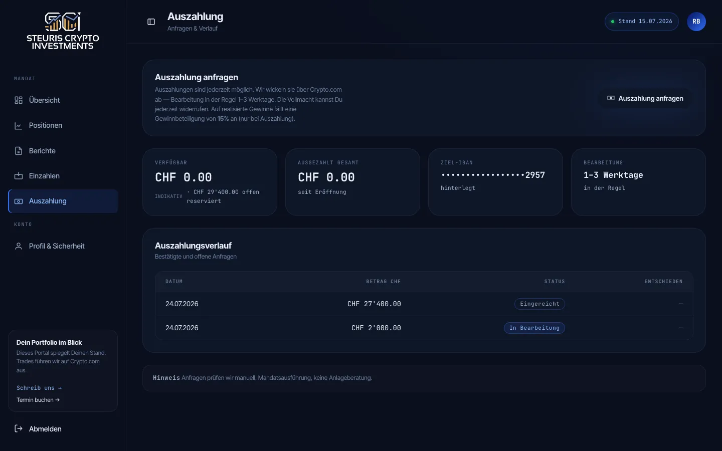 Payout request form with the stored bank details