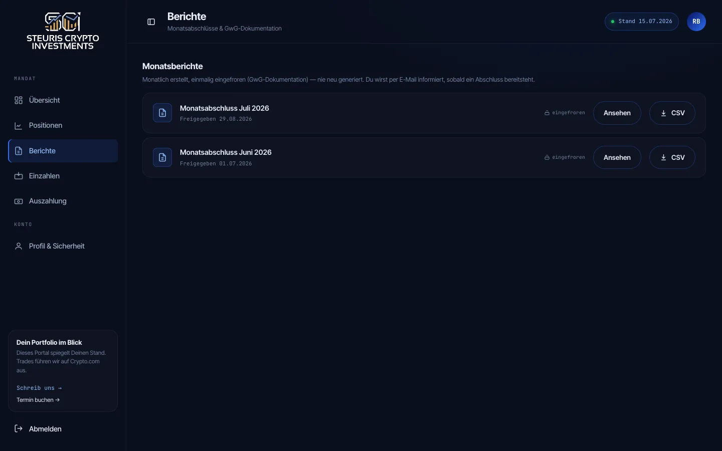 Reports view with frozen monthly statements to view and download as CSV